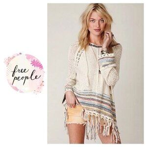 NWOT Free People Knit Hooded Pullover Tah-Loo Fringe Tunic Sweater
